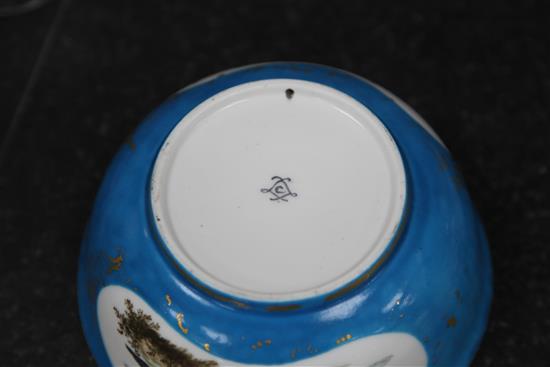 A Sevres style bleu celeste ornithological bowl, diameter 16.5cm
